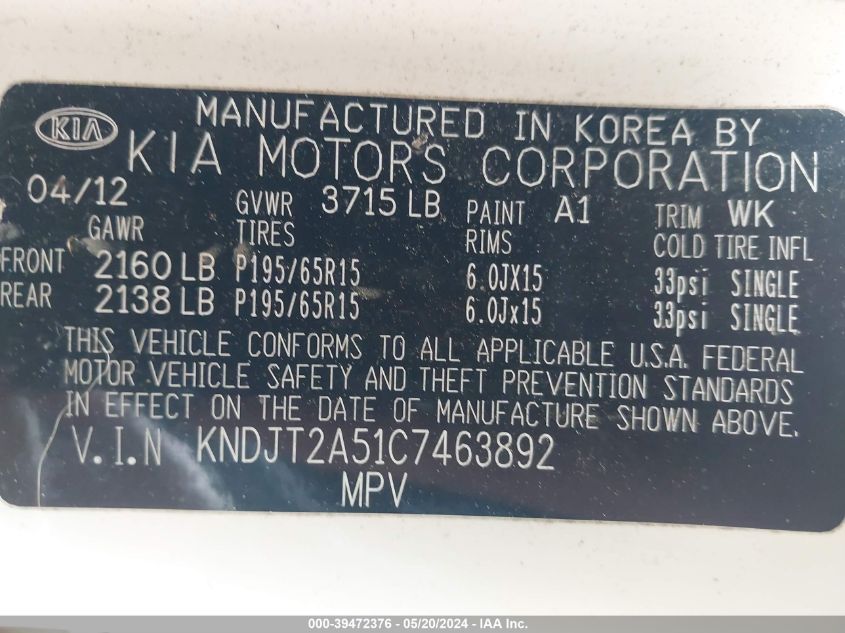 2012 Kia Soul VIN: KNDJT2A51C7463892 Lot: 39472376