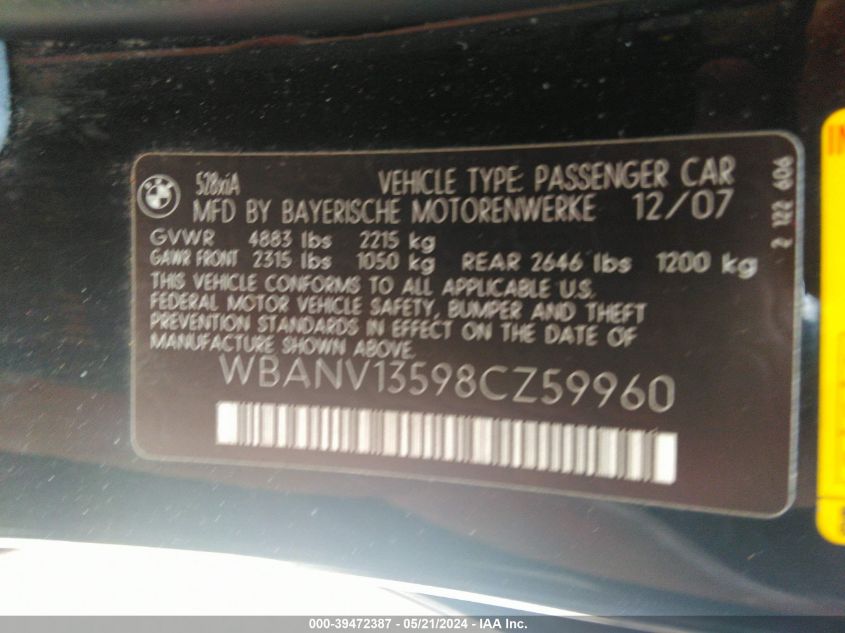 2008 BMW 528Xi VIN: WBANV13598CZ59960 Lot: 39472387