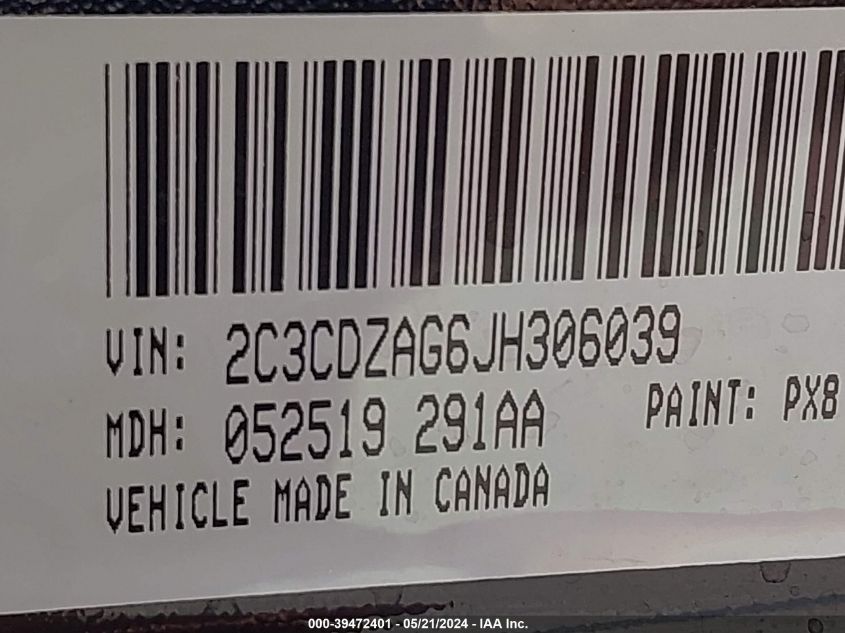 2018 Dodge Challenger Sxt VIN: 2C3CDZAG6JH306039 Lot: 39472401