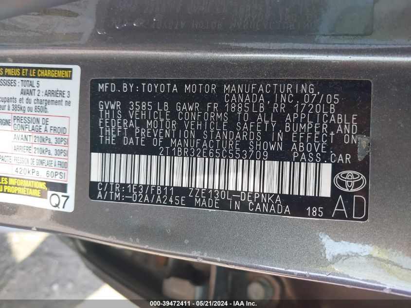 2005 Toyota Corolla Le VIN: 2T1BR32E65C553709 Lot: 39472411