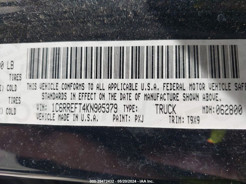 2019 Ram 1500 Big Horn/Lone Star 4X2 5'7 Box VIN: 1C6RREFT4KN905379 Lot: 39472432