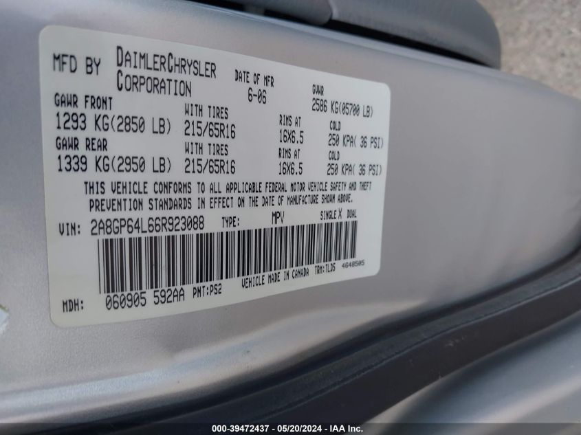 2006 Chrysler Town & Country Limited VIN: 2A8GP64L66R923088 Lot: 39472437