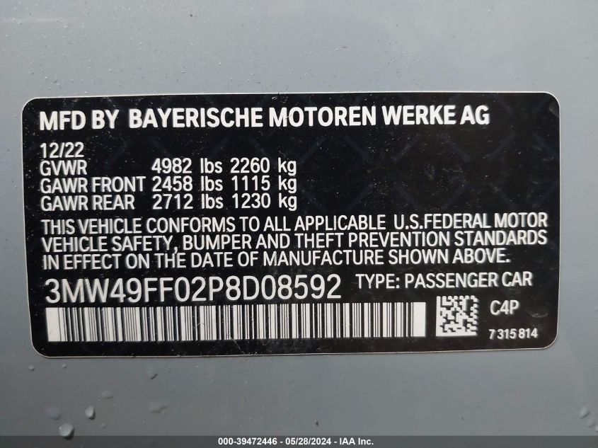 2023 BMW 3 Series M340I xDrive VIN: 3MW49FF02P8D08592 Lot: 39472446