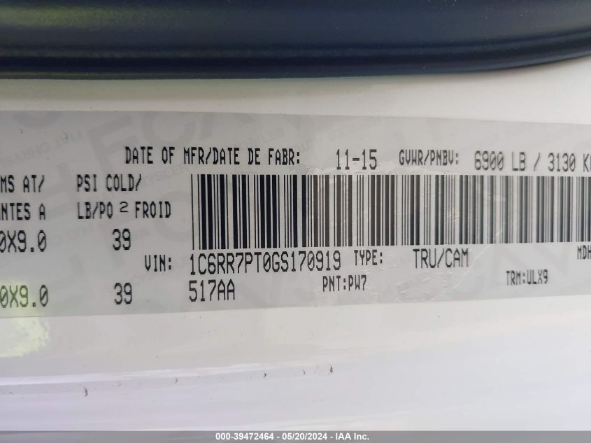 2016 RAM 1500 LONGHORN - 1C6RR7PT0GS170919