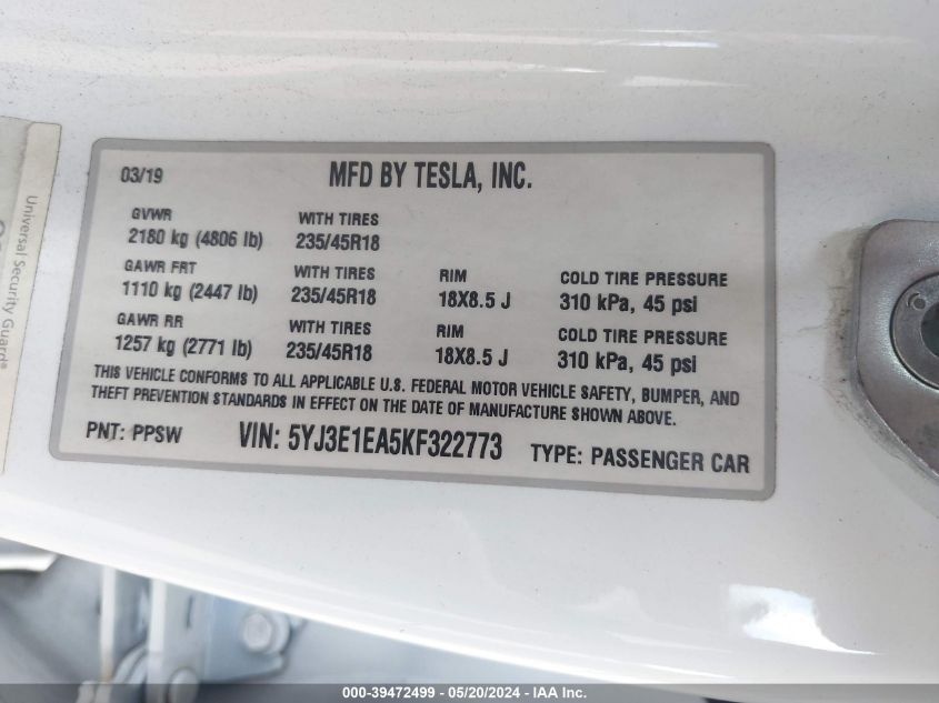 2019 Tesla Model 3 Long Range/Mid Range/Standard Range/Standard Range Plus VIN: 5YJ3E1EA5KF322773 Lot: 39472499