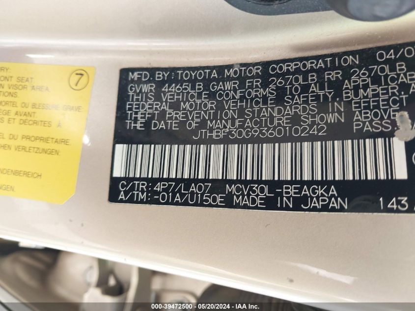 2003 Lexus Es 300 VIN: JTHBF30G936010242 Lot: 39472500