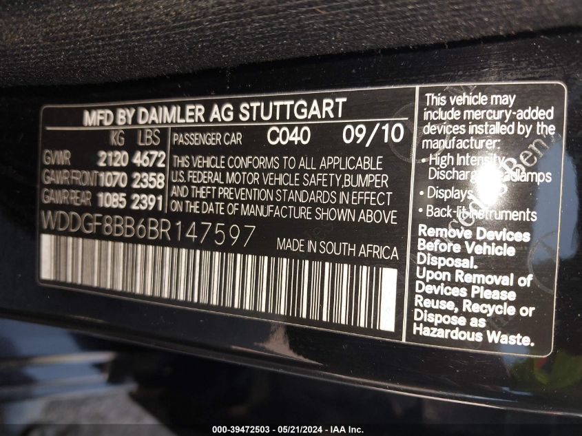 2011 Mercedes-Benz C 300 Luxury 4Matic/Sport 4Matic VIN: WDDGF8BB6BR147597 Lot: 39472503