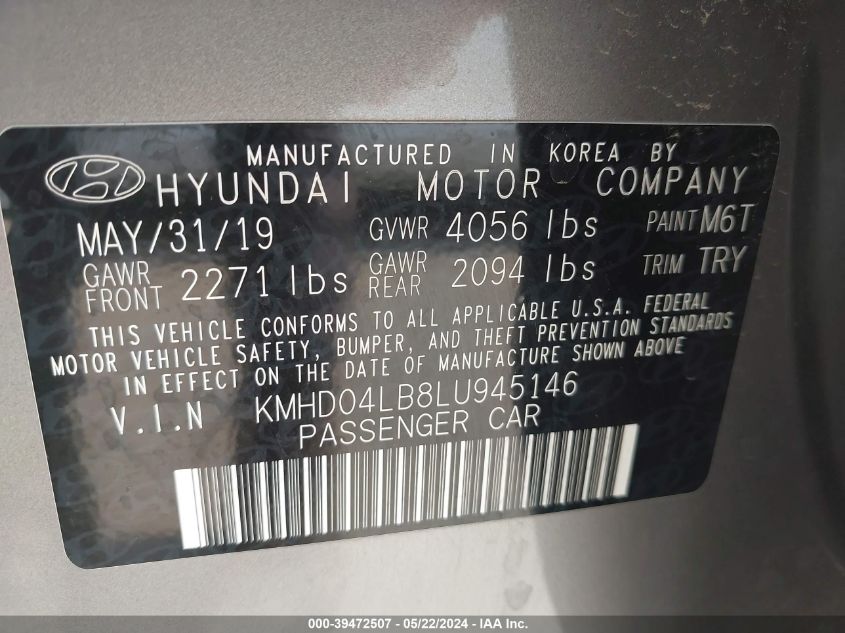 2020 Hyundai Elantra Sport VIN: KMHD04LB8LU945146 Lot: 39472507