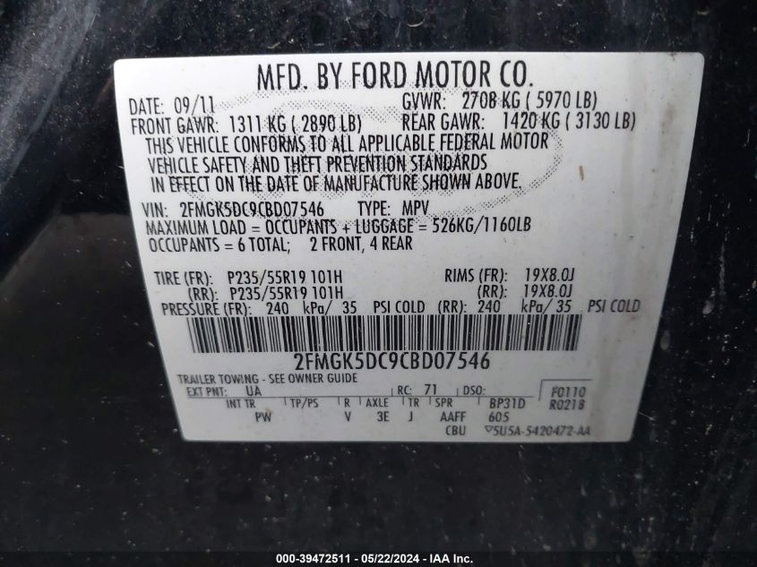 2012 Ford Flex Limited VIN: 2FMGK5DC9CBD07546 Lot: 39472511