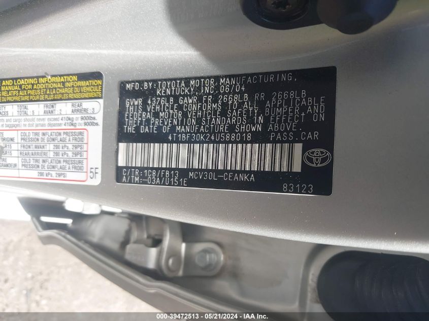 2004 Toyota Camry Le V6 VIN: 4T1BF30K24U588018 Lot: 39472513