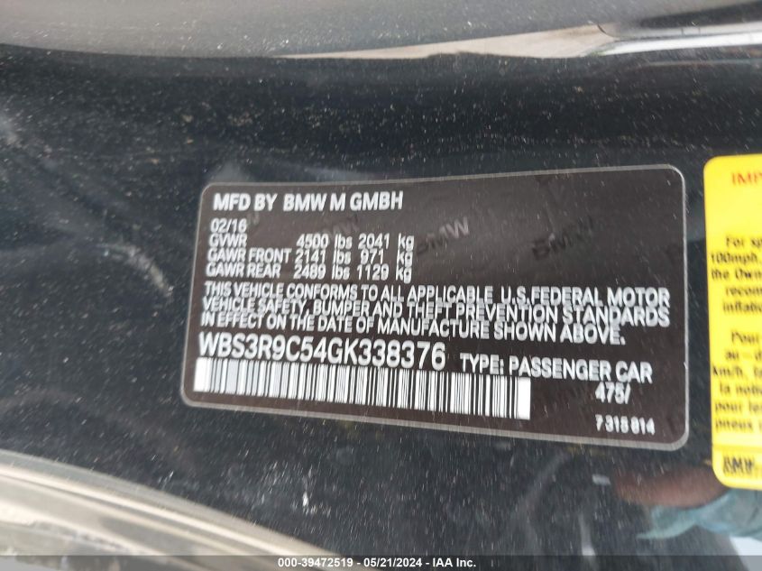 2016 BMW M4 VIN: WBS3R9C54GK338376 Lot: 39472519