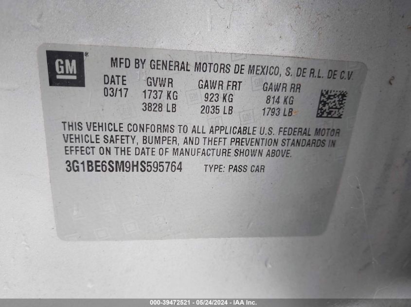 2017 Chevrolet Cruze Lt Auto VIN: 3G1BE6SM9HS595764 Lot: 39472521