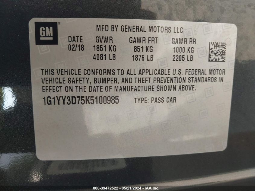 2019 Chevrolet Corvette Grand Sport VIN: 1G1YY3D75K5100985 Lot: 39472522