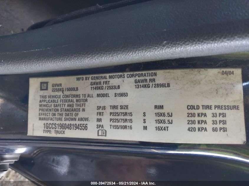 2004 Chevrolet Colorado Ls VIN: 1GCCS196048194556 Lot: 39472534