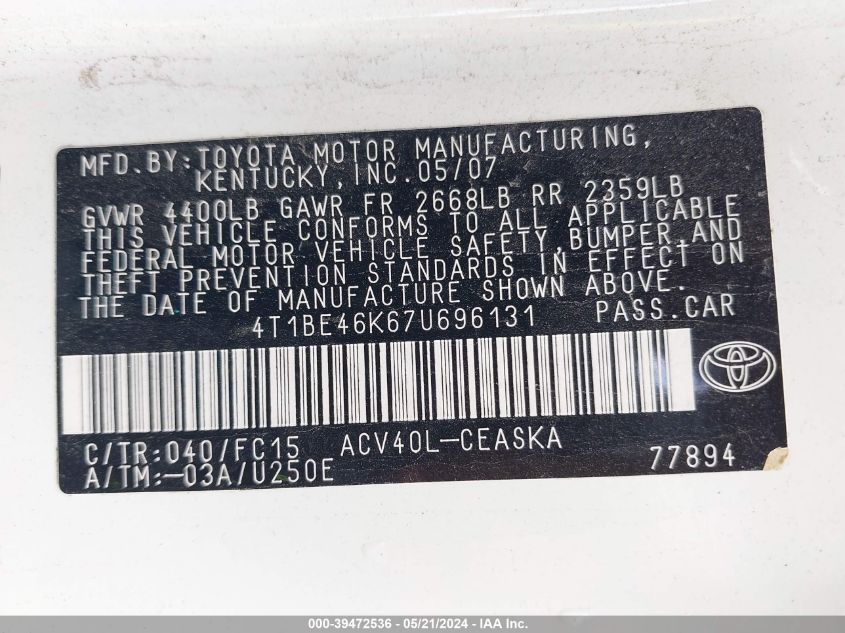 2007 Toyota Camry Se VIN: 4T1BE46K67U696131 Lot: 39472536