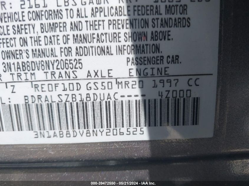 2022 Nissan Sentra Sr Xtronic Cvt VIN: 3N1AB8DV8NY206525 Lot: 39472550