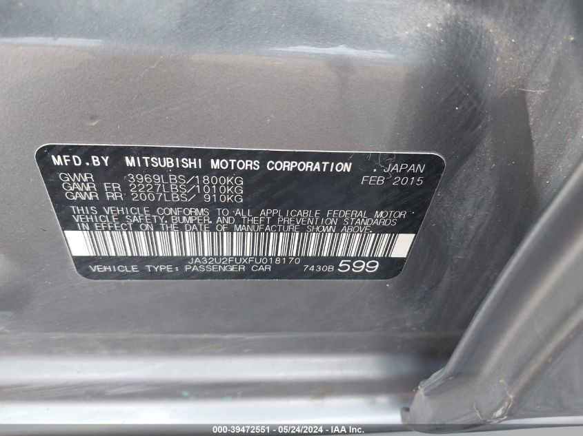 2015 Mitsubishi Lancer Es VIN: JA32U2FUXFU018170 Lot: 39472551
