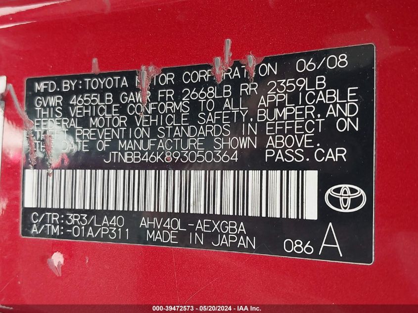2009 Toyota Camry Hybrid VIN: JTNBB46K893050364 Lot: 39472573