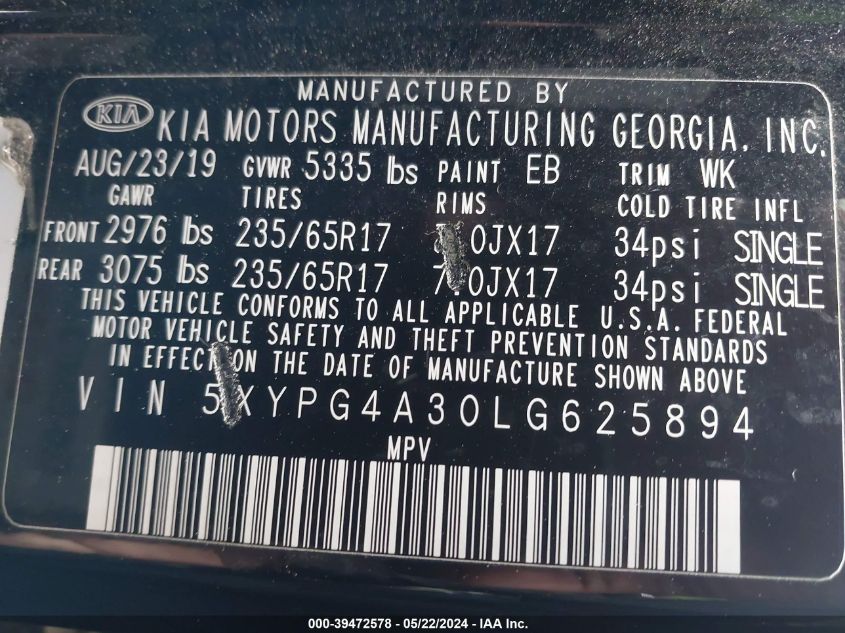 2020 Kia Sorento 2.4L Lx VIN: 5XYPG4A30LG625894 Lot: 39472578