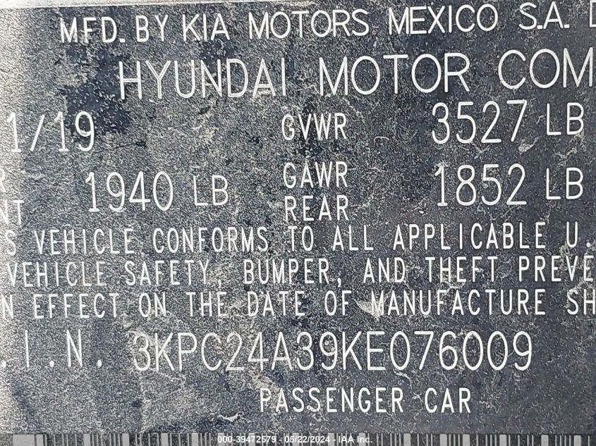 2019 Hyundai Accent Se VIN: 3KPC24A39KE076009 Lot: 39472579