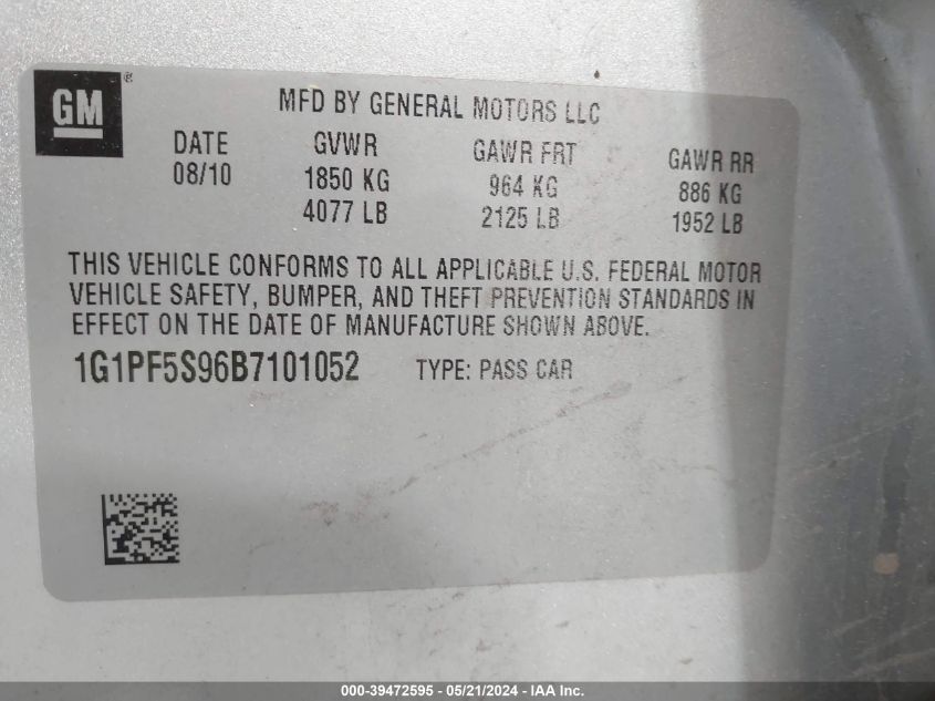 2011 Chevrolet Cruze 1Lt VIN: 1G1PF5S96B7101052 Lot: 39472595