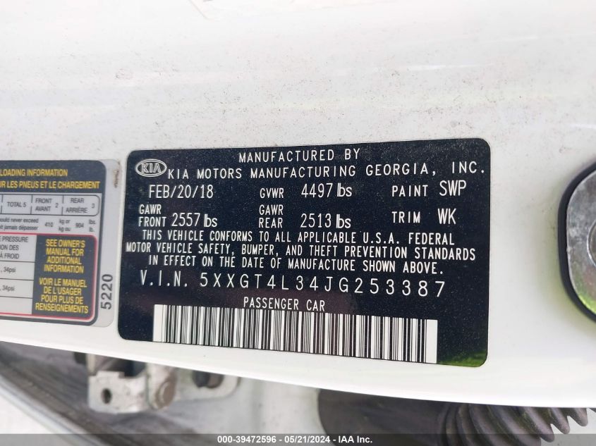 2018 Kia Optima Lx VIN: 5XXGT4L34JG253387 Lot: 39472596