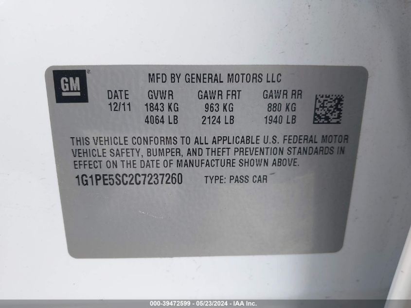 2012 Chevrolet Cruze Lt VIN: 1G1PE5SC2C7237260 Lot: 39472599