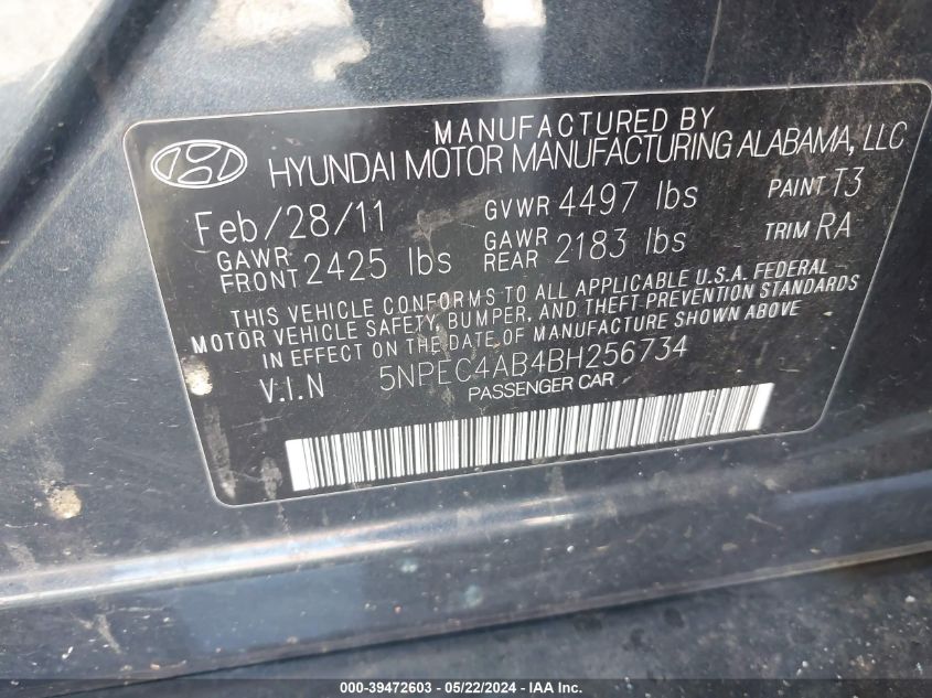 2011 Hyundai Sonata Se 2.0T VIN: 5NPEC4AB4BH256734 Lot: 39472603