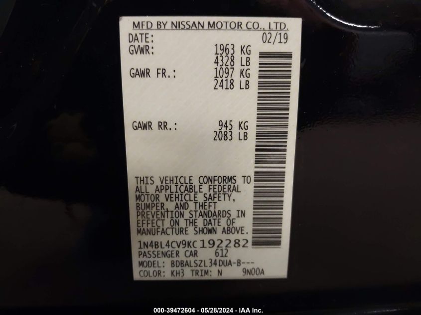 1N4BL4CV9KC192282 2019 Nissan Altima 2.5 Sr