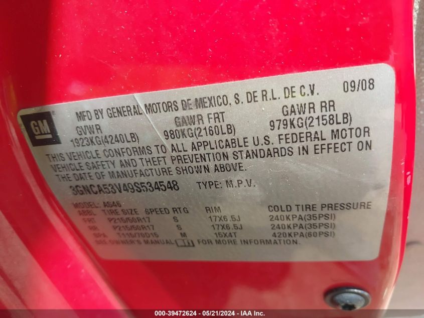 2009 Chevrolet Hhr Lt VIN: 3GNCA53V49S534548 Lot: 39472624