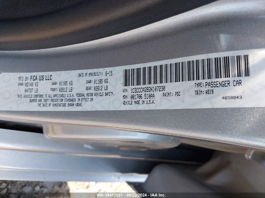 2016 Chrysler 200 Limited VIN: 1C3CCCAG9GN107230 Lot: 39472631