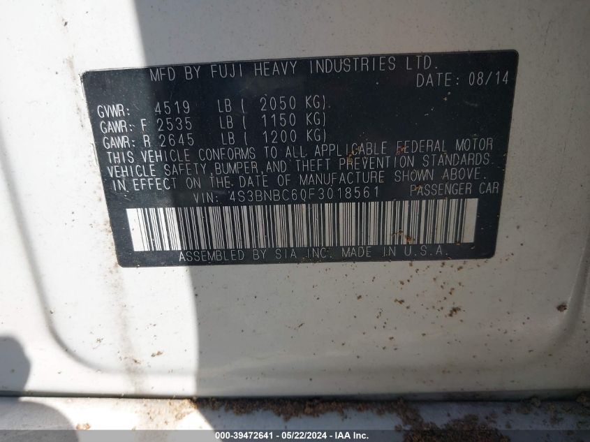 2015 SUBARU LEGACY 2.5I PREMIUM - 4S3BNBC60F3018561