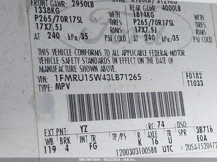 2003 Ford Expedition Xlt VIN: 1FMRU15W43LB71265 Lot: 39472643