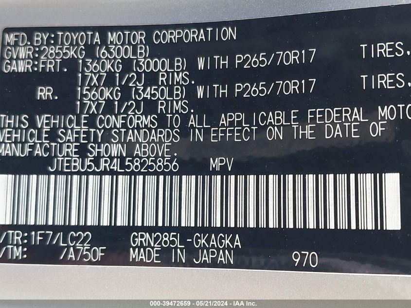 2020 Toyota 4Runner Trd Off Road Premium VIN: JTEBU5JR4L5825856 Lot: 39472659