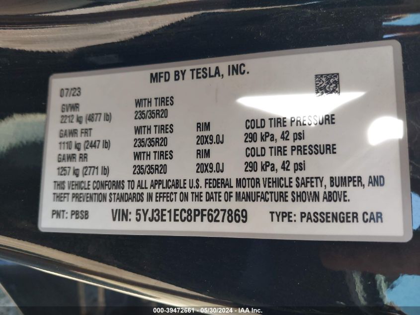 2023 TESLA MODEL 3 PERFORMANCE DUAL MOTOR ALL-WHEEL DRIVE - 5YJ3E1EC8PF627869