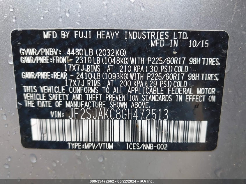 2016 Subaru Forester 2.5I Limited VIN: JF2SJAKC8GH472513 Lot: 39472662