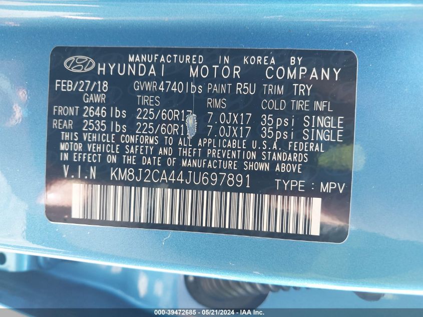 2018 Hyundai Tucson Se VIN: KM8J2CA44JU697891 Lot: 39472685