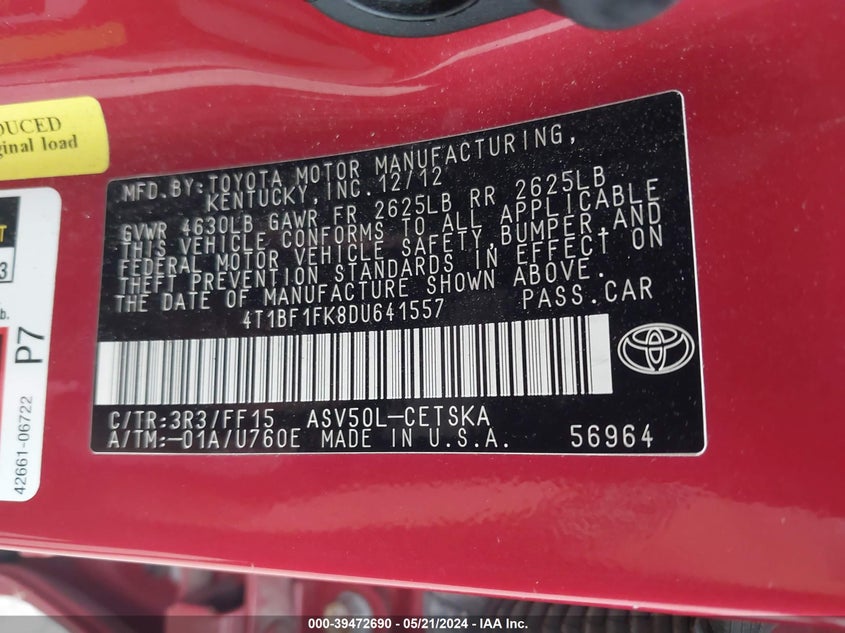 2013 Toyota Camry Se VIN: 4T1BF1FK8DU641557 Lot: 39472690