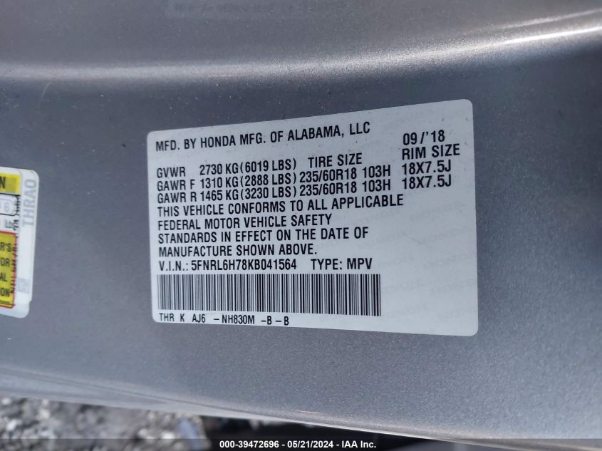 2019 Honda Odyssey Ex-L VIN: 5FNRL6H78KB041564 Lot: 39472696