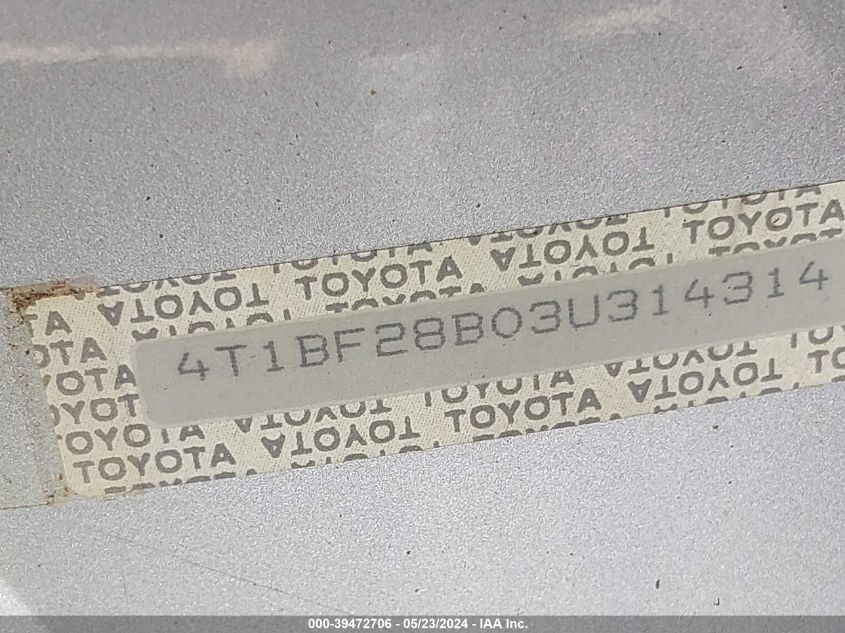2003 Toyota Avalon Xl VIN: 4T1BF28B03U314314 Lot: 39472706