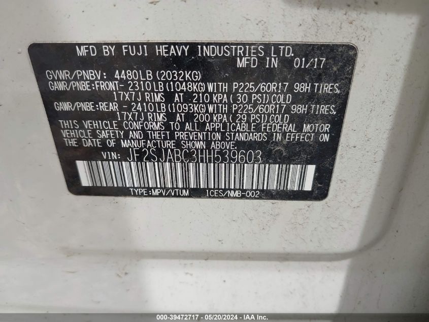 2017 Subaru Forester 2.5I VIN: JF2SJABC3HH539603 Lot: 39472717