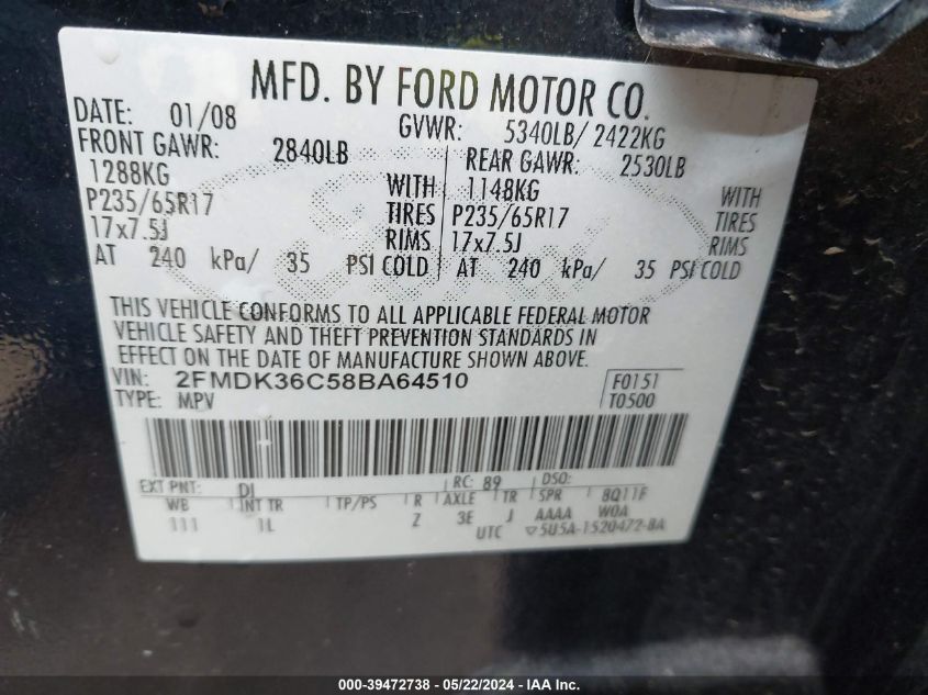 2008 Ford Edge Se VIN: 2FMDK36C58BA64510 Lot: 39472738