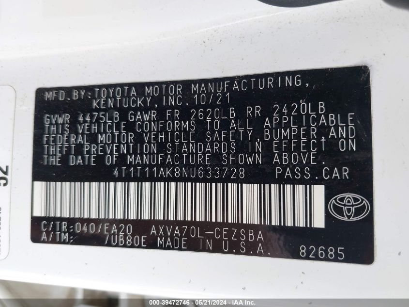 2022 Toyota Camry Se VIN: 4T1T11AK8NU633728 Lot: 39472746