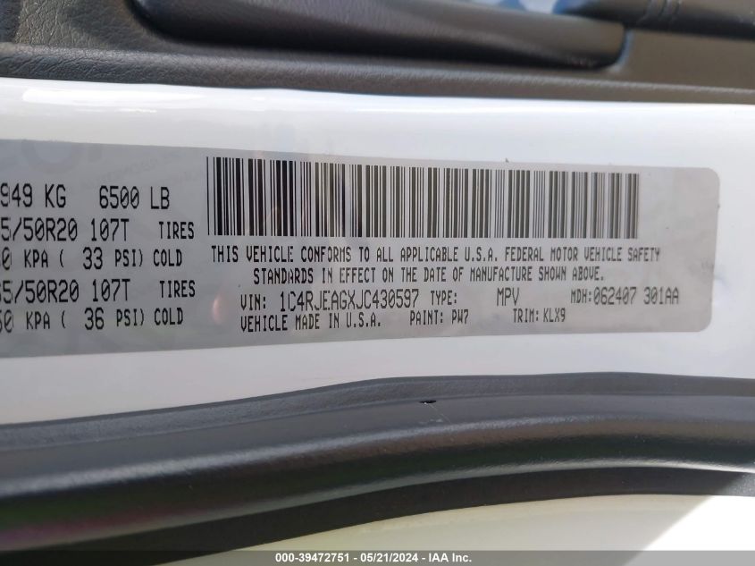 2018 Jeep Grand Cherokee Altitude 4X2 VIN: 1C4RJEAGXJC430597 Lot: 39472751