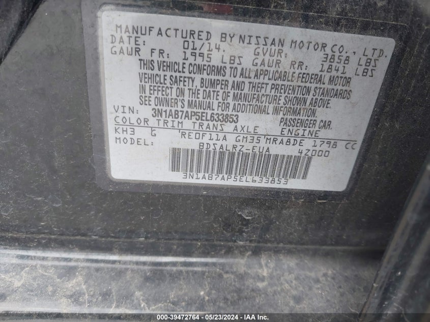 2014 Nissan Sentra Sr VIN: 3N1AB7AP5EL633853 Lot: 39472764