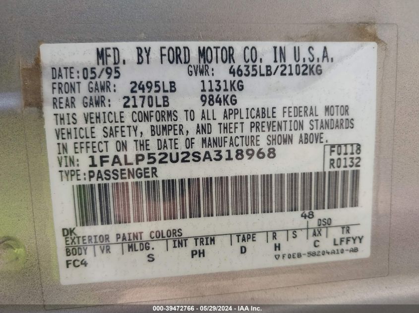 1995 Ford Taurus Gl/Se VIN: 1FALP52U2SA318968 Lot: 39472766