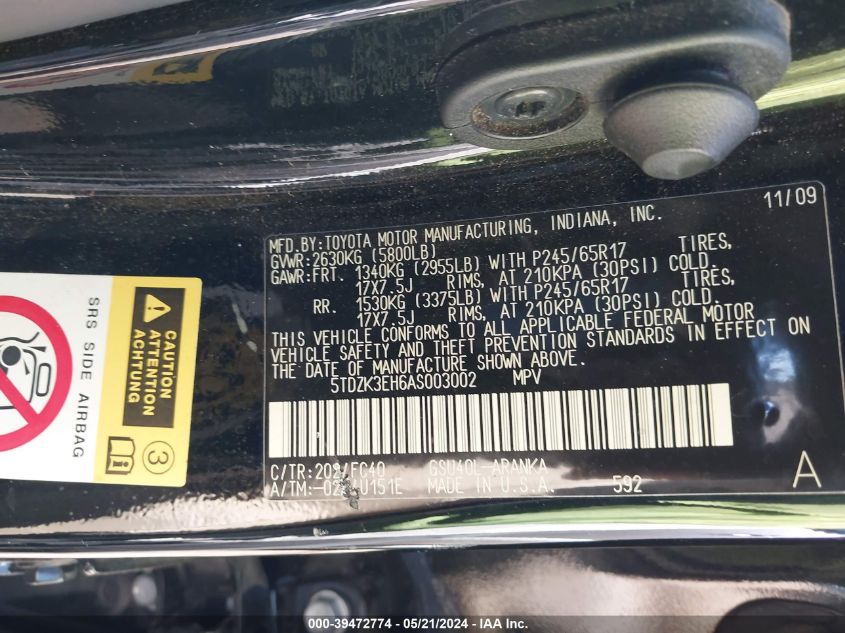 2010 Toyota Highlander Base V6 VIN: 5TDZK3EH6AS003002 Lot: 39472774
