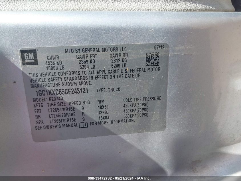 2012 Chevrolet Silverado 2500Hd Lt VIN: 1GC1KXC85CF243121 Lot: 39472782