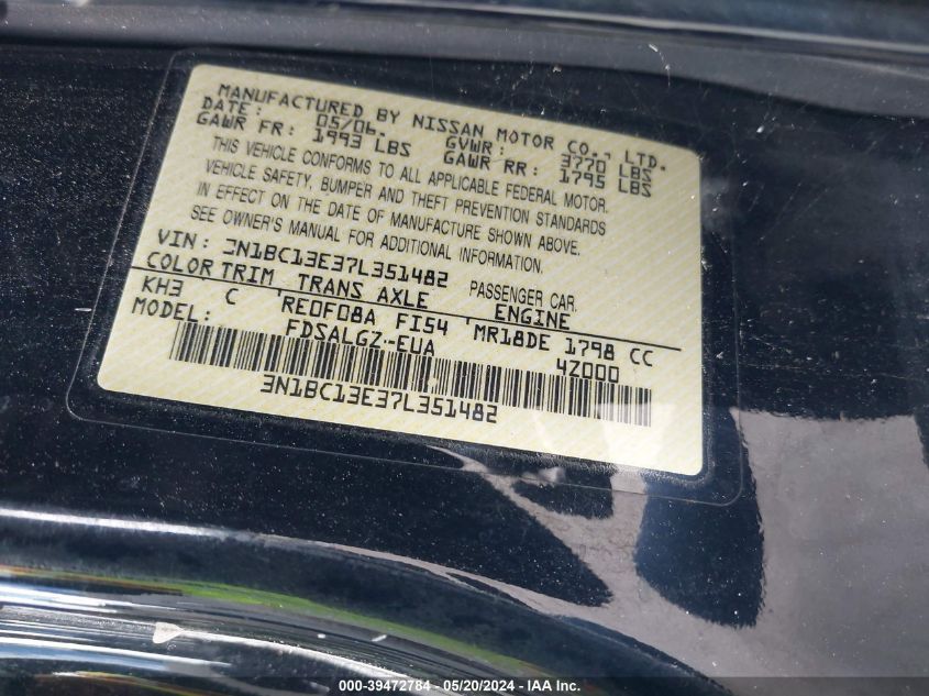 2007 Nissan Versa 1.8Sl VIN: 3N1BC13E37L351482 Lot: 39472784