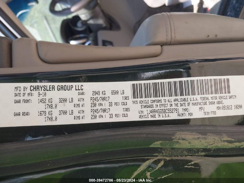 2011 Jeep Grand Cherokee Laredo VIN: 1J4RR4GG5BC552791 Lot: 39472786